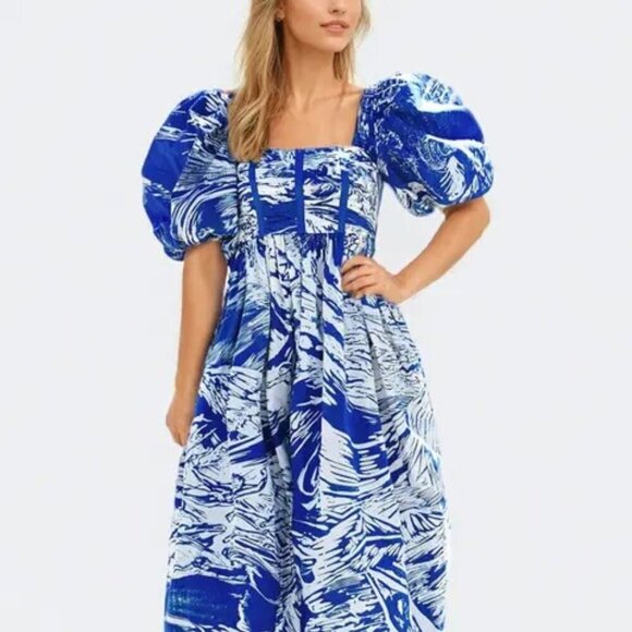 NEW Jesse Zhao Blue Print Square Neck Midi Dress – Size 2